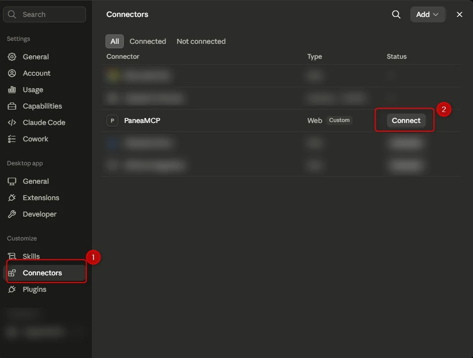 Impostazioni di Claude, sezione Connectors, con il pulsante Connect di PaneaMCP evidenziato