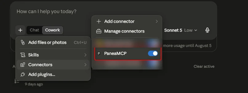 Menu + di una chat di Claude, sottomenu Connectors, con PaneaMCP attivo