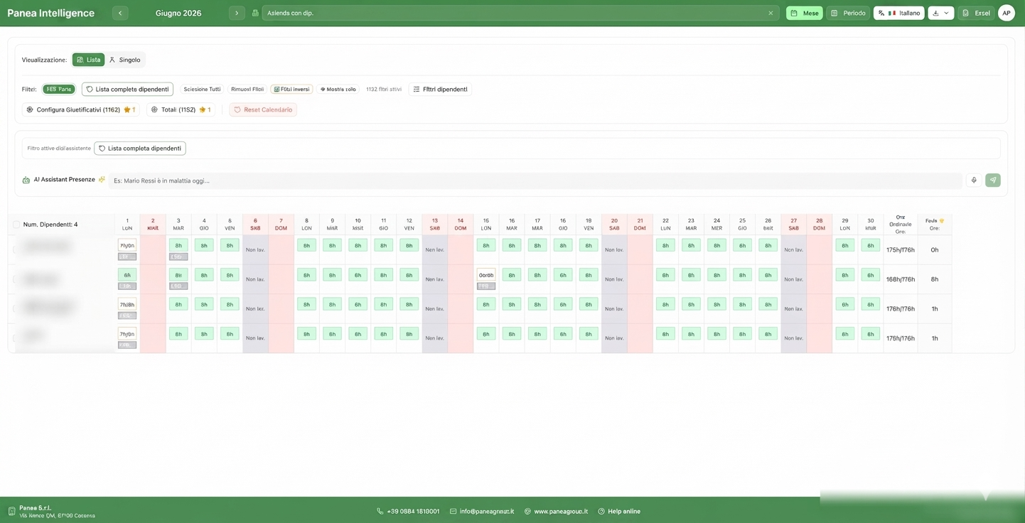 Interfaccia Panea Intelligence - PIA con inserimento vocale e visualizzazione calendario mensile